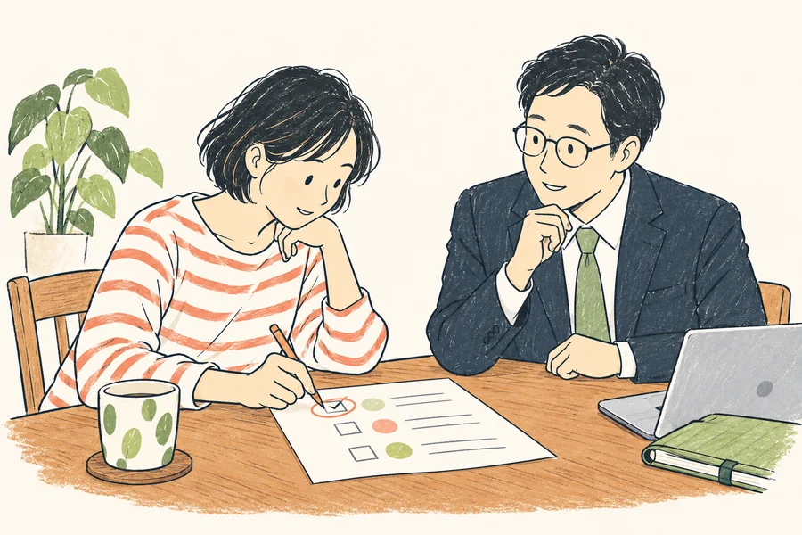 相談者とチェックリストを見ながら次の一歩を決めるFP
