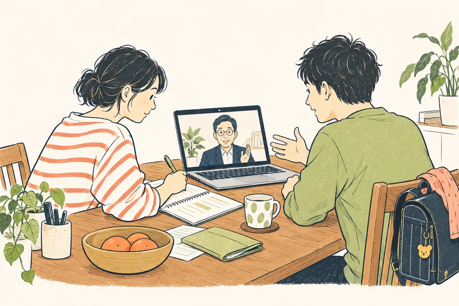 自宅からパソコンの画面越しにFPと相談する二人のイラスト
