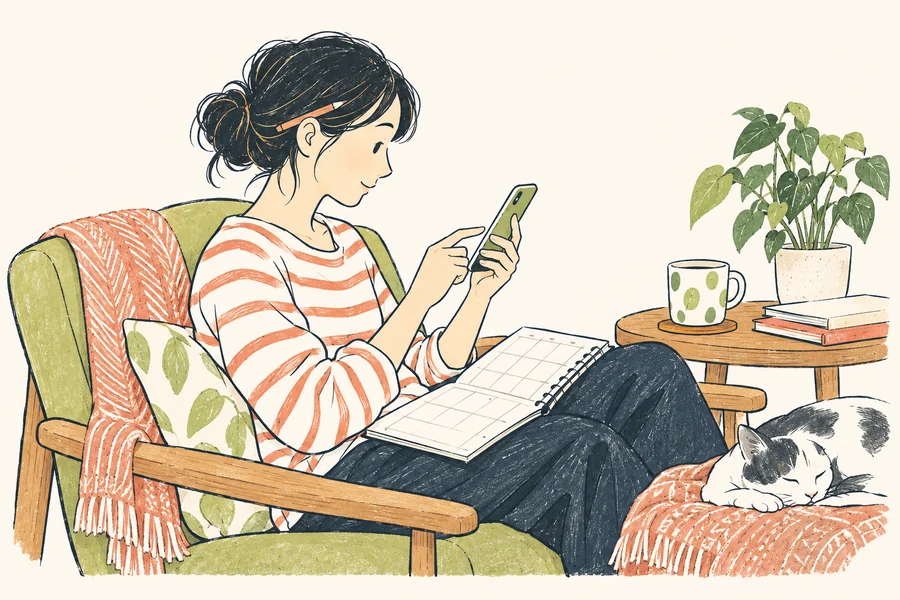 スマートフォンで相談の希望日時を申し込む女性のイラスト