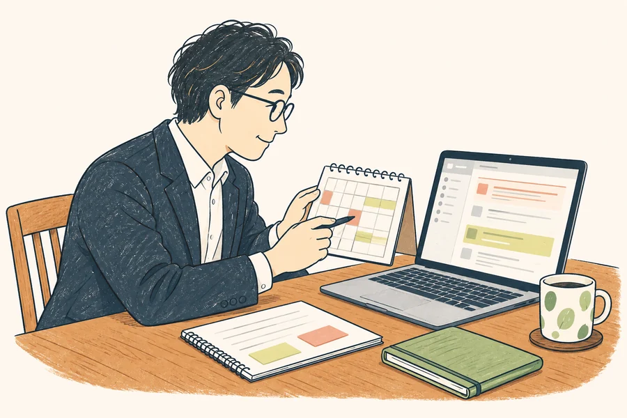 担当者がカレンダーを確認し相談日程を調整するイラスト