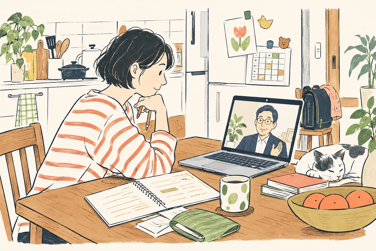 家計ノートを開き、自宅の食卓から画面越しにFPと相談する人の手描きイラスト