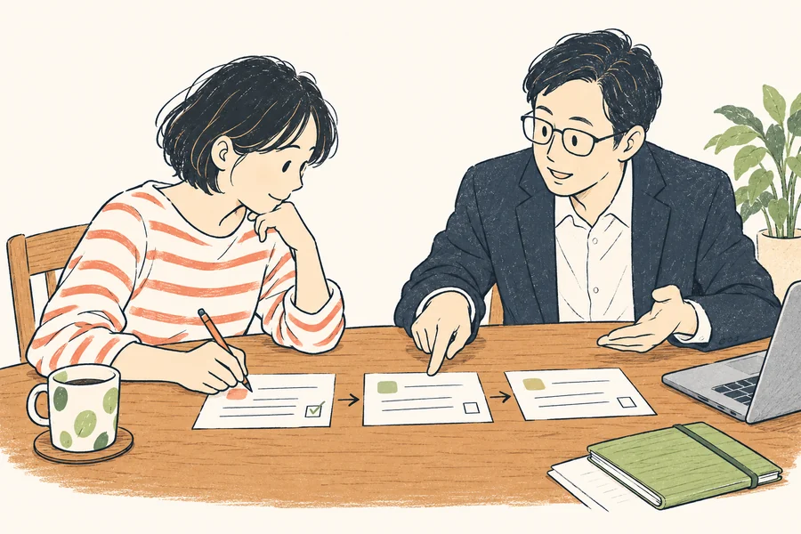 FPと相談者が計画表を見ながら具体策を考えるイラスト
