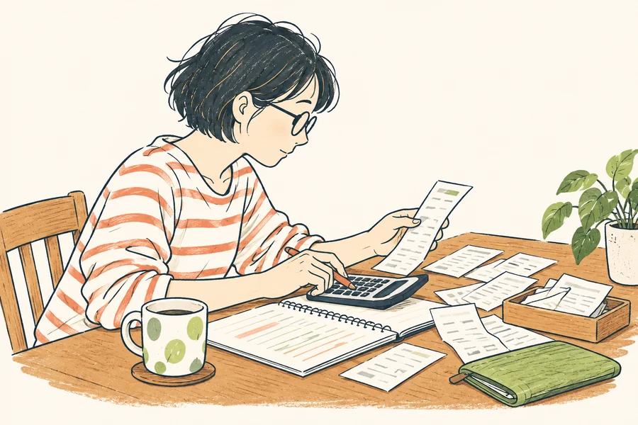 ノートと電卓を使って家計の収入と支出を整理する女性のイラスト