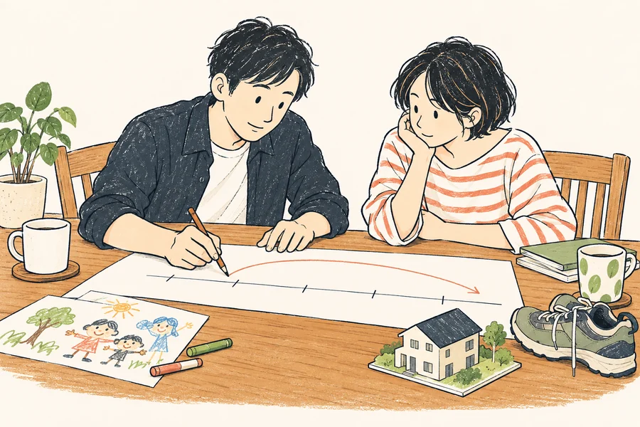 教育、住まい、老後の暮らしを思い描く二人のイラスト