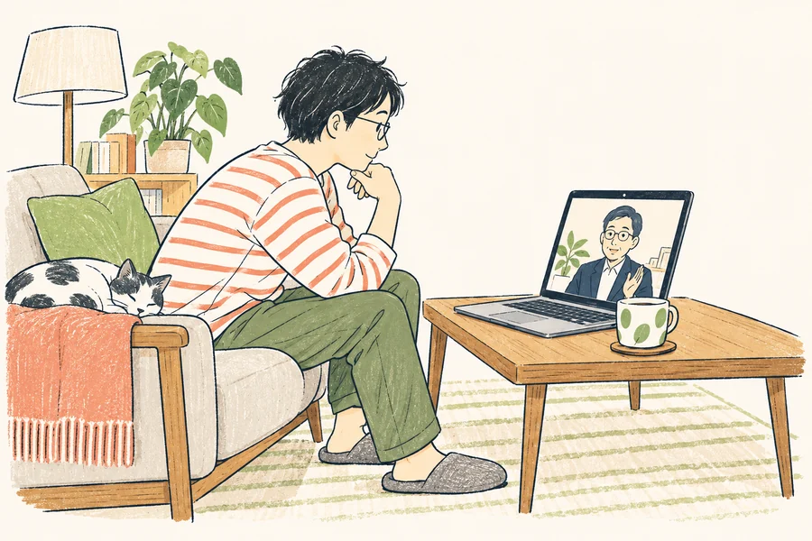 自宅の一角からパソコンでFPに相談する人の手描きイラスト