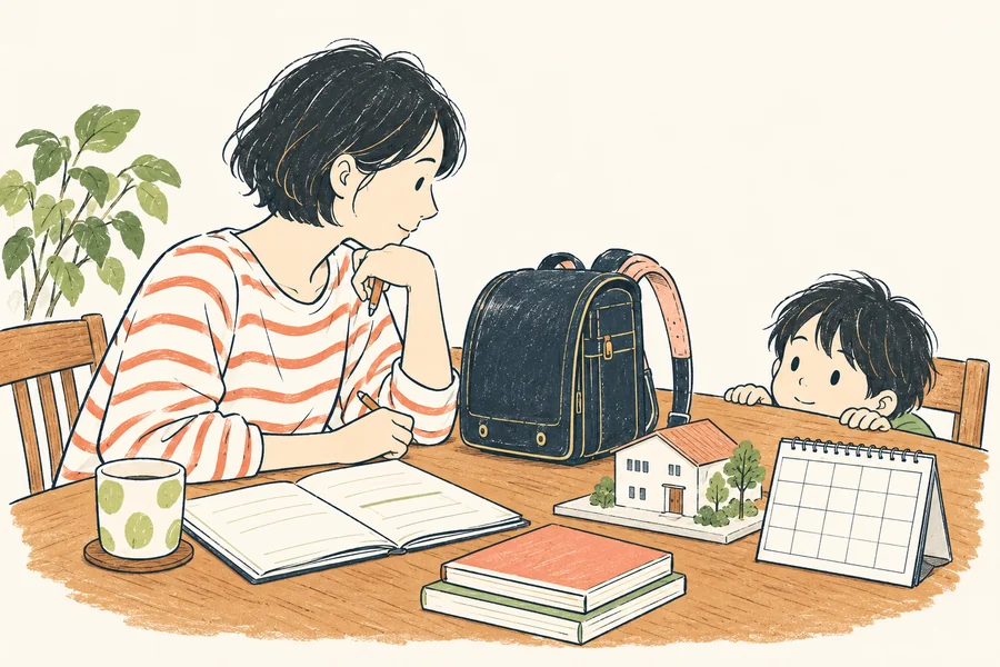 ランドセルと家の模型を前に、教育費と住宅費を考える親子の手描きイラスト