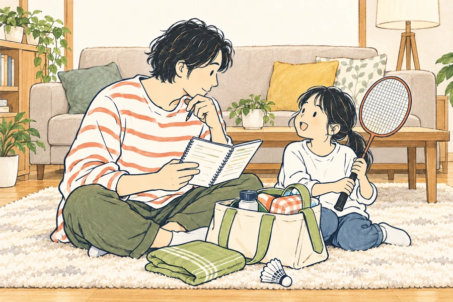 リビングのラグに座り、家計ノートを見ながら週末のお出かけを考える親子の手描きイラスト