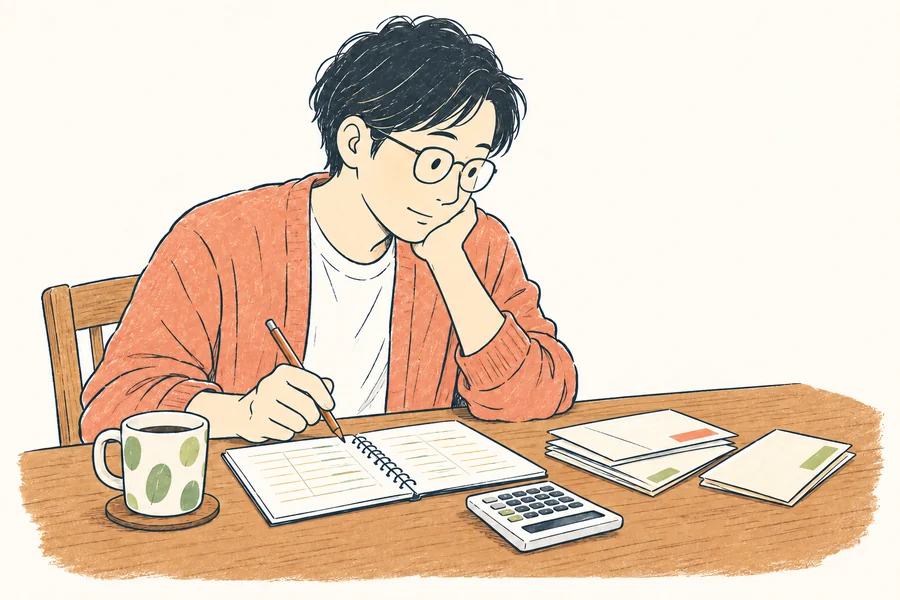 家計ノートと貯蓄用の封筒を見ながら積立額を考える人の手描きイラスト